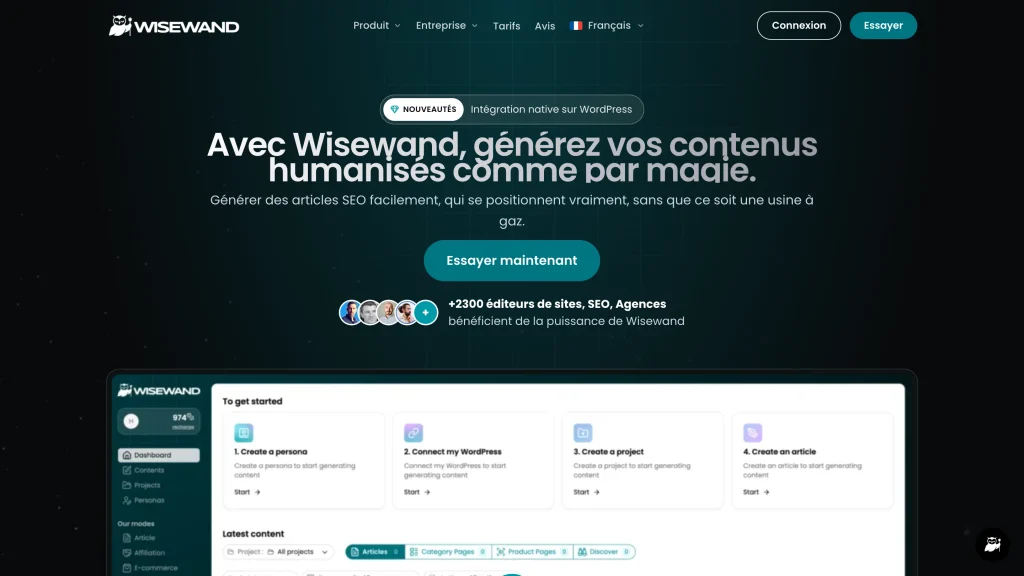 WiseWand avis : la page d'accueil de l'outil de rédaction SEO et l'aperçu de son tableau de bord