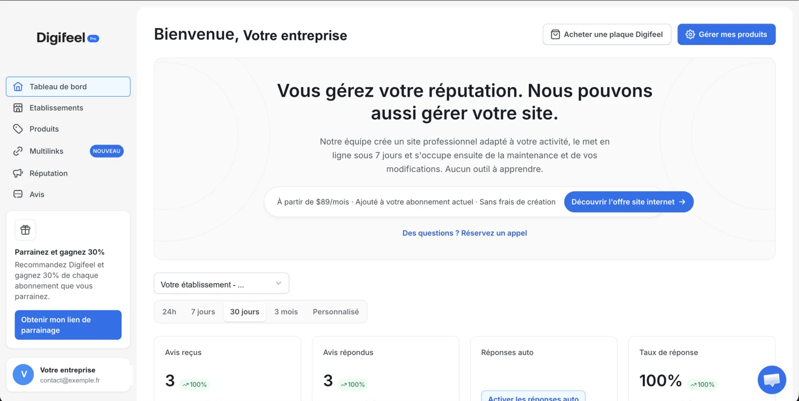 Tableau de bord de l'application Digifeel : avis reçus, avis répondus, réponses automatiques et taux de réponse
