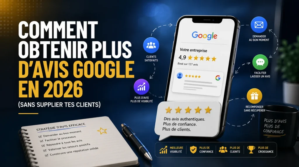 Comment obtenir plus d'avis Google en 2026 : smartphone affichant une fiche Google notée 4,9 et les leviers de collecte d'avis