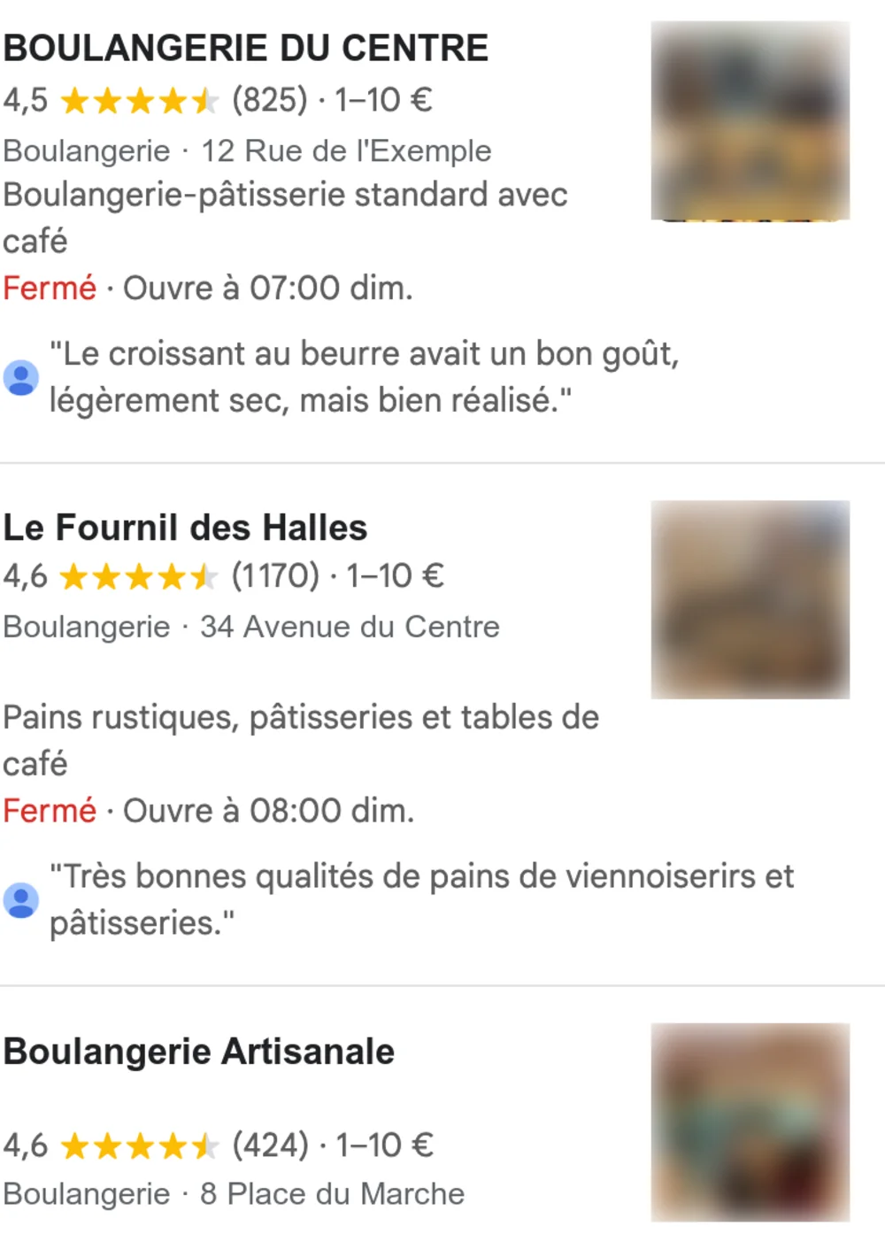Résultats locaux Google : trois établissements comparés par leur note et leur nombre d'avis