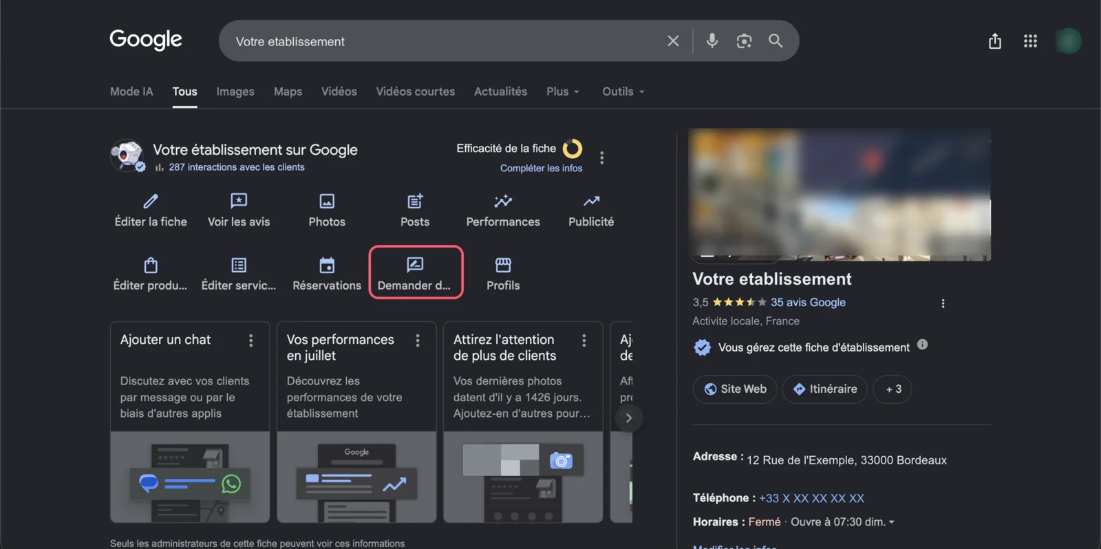 Panneau de gestion Google Business Profile, le bouton Demander des avis entouré en rouge