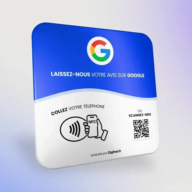 Plaque Digifeel pour avis Google en français, avec zone NFC et QR code