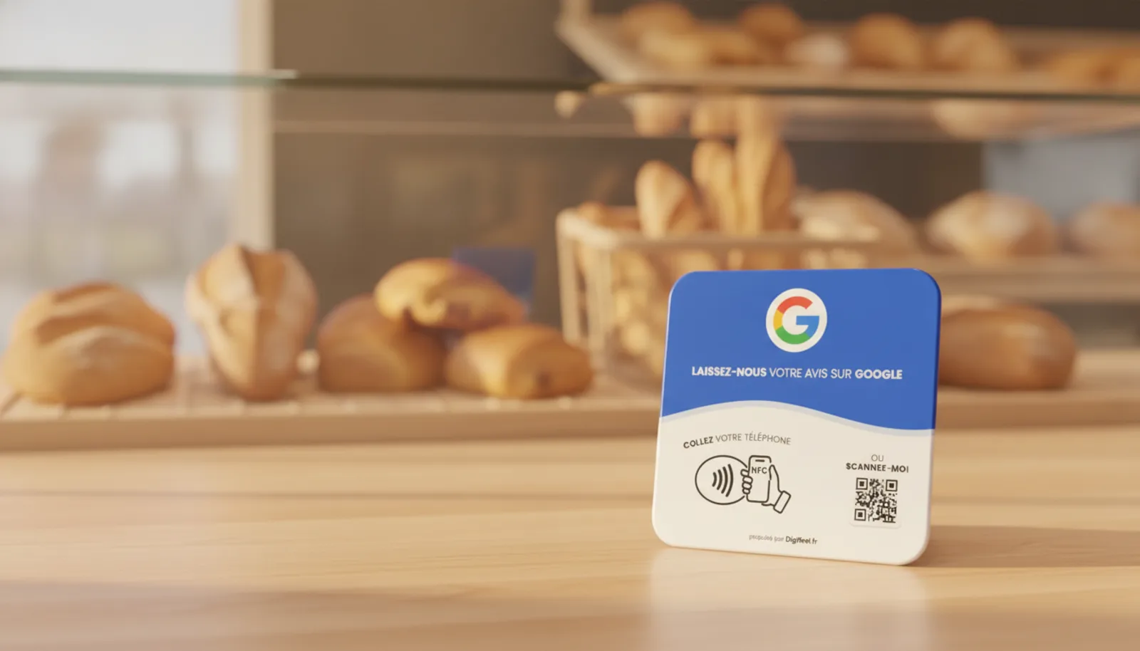 Plaque Digifeel pour avis Google posée sur le comptoir d'une boulangerie
