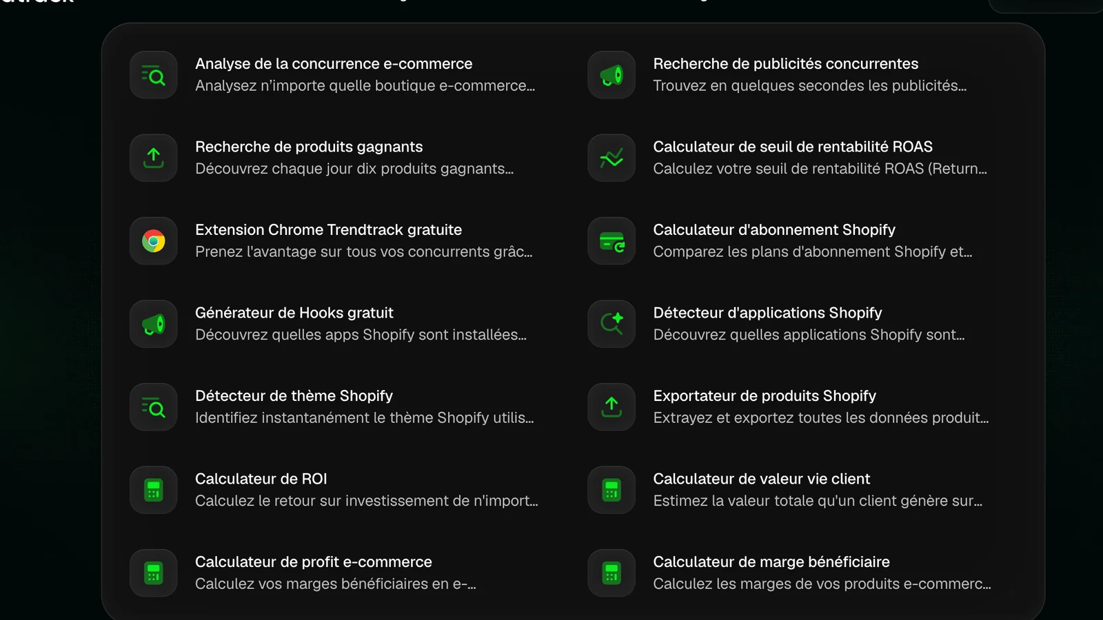 TrendTrack avis : les quatorze outils gratuits accessibles sans carte bancaire, listés sur le site officiel
