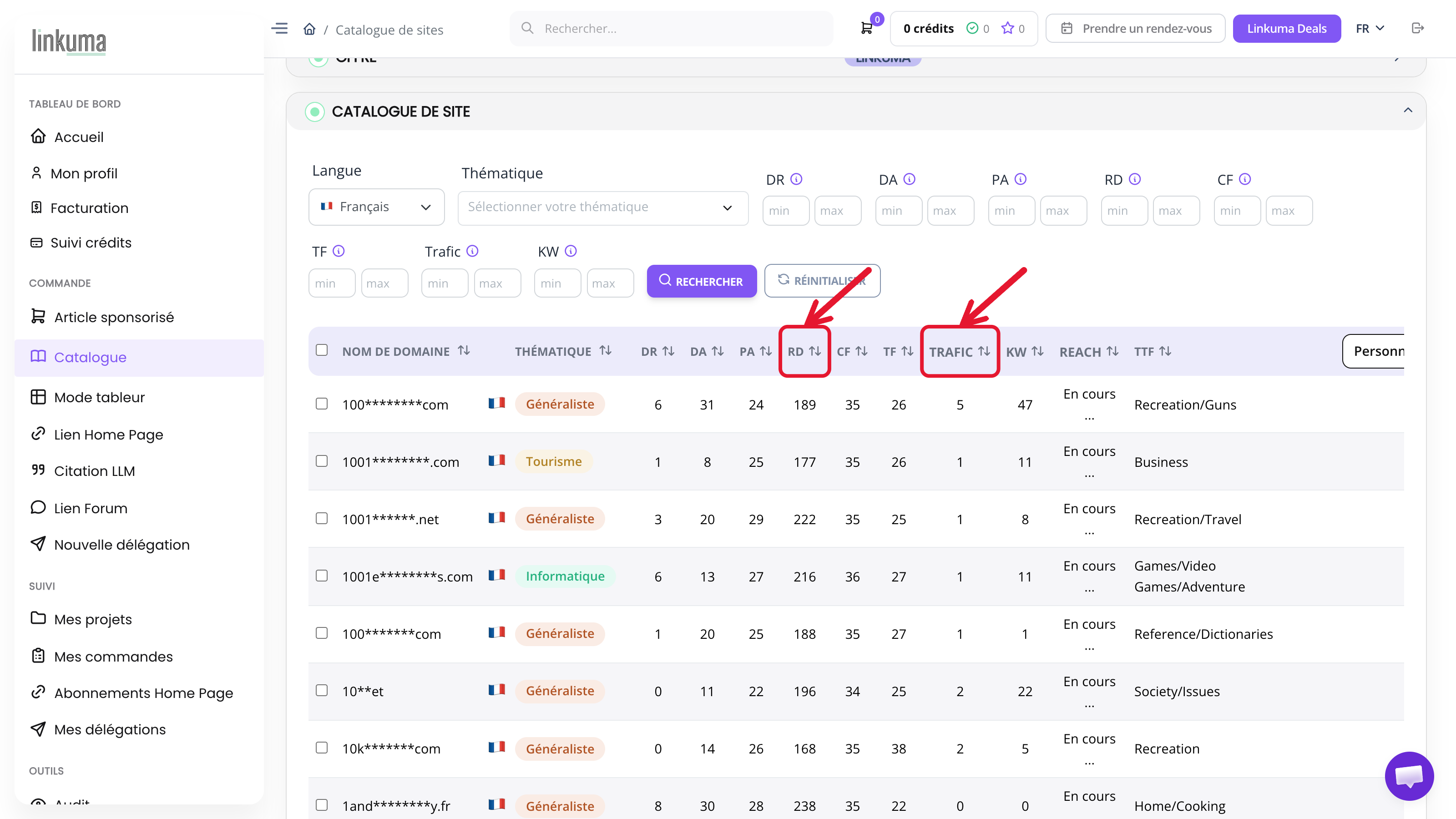 Comment utiliser Linkuma : catalogue de sites avec filtres DR, RD, TF, trafic et thématique