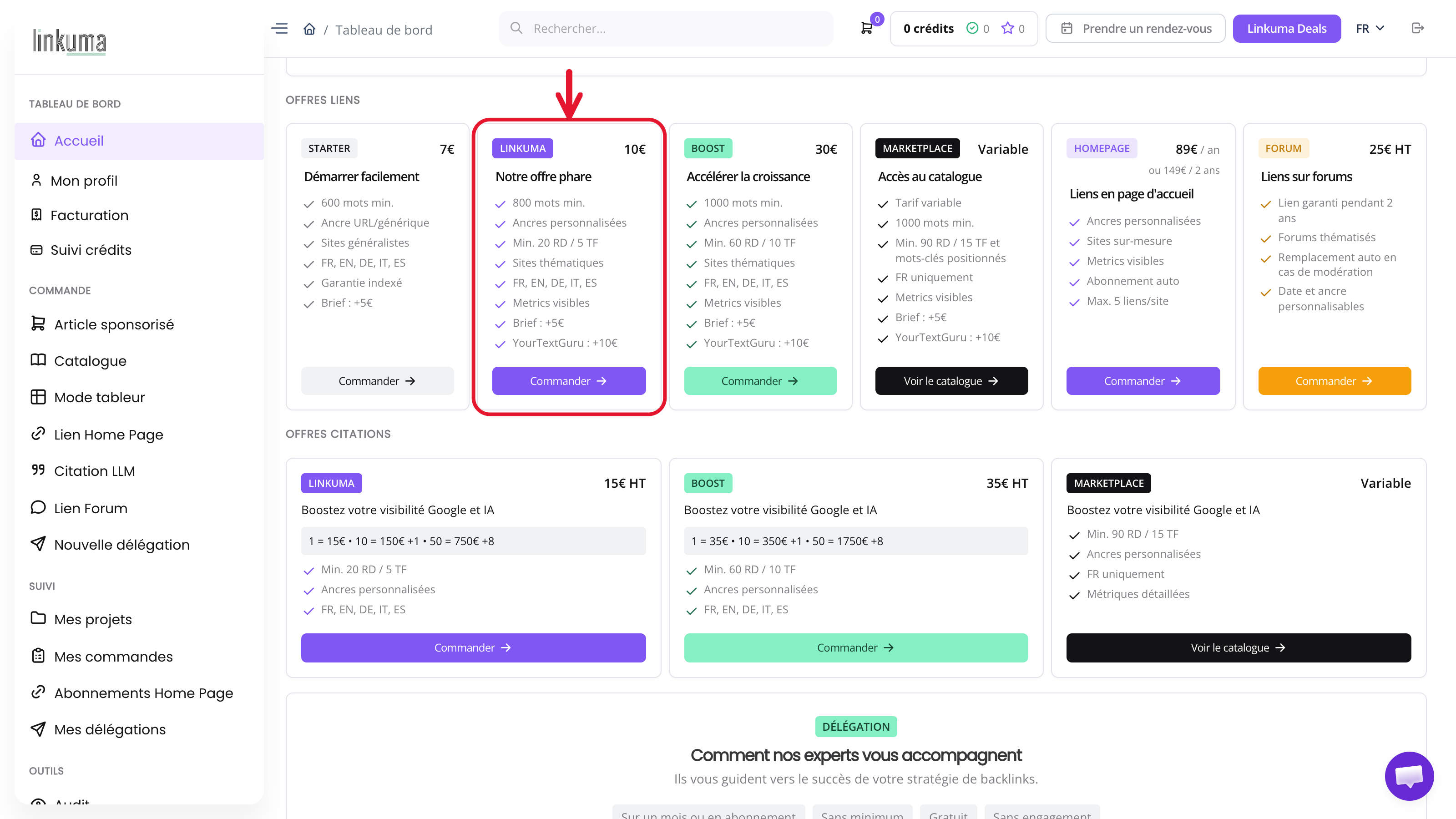 Comment utiliser Linkuma : offres Starter 7 €, Linkuma 10 € et Boost 30 € dans le tableau de bord
