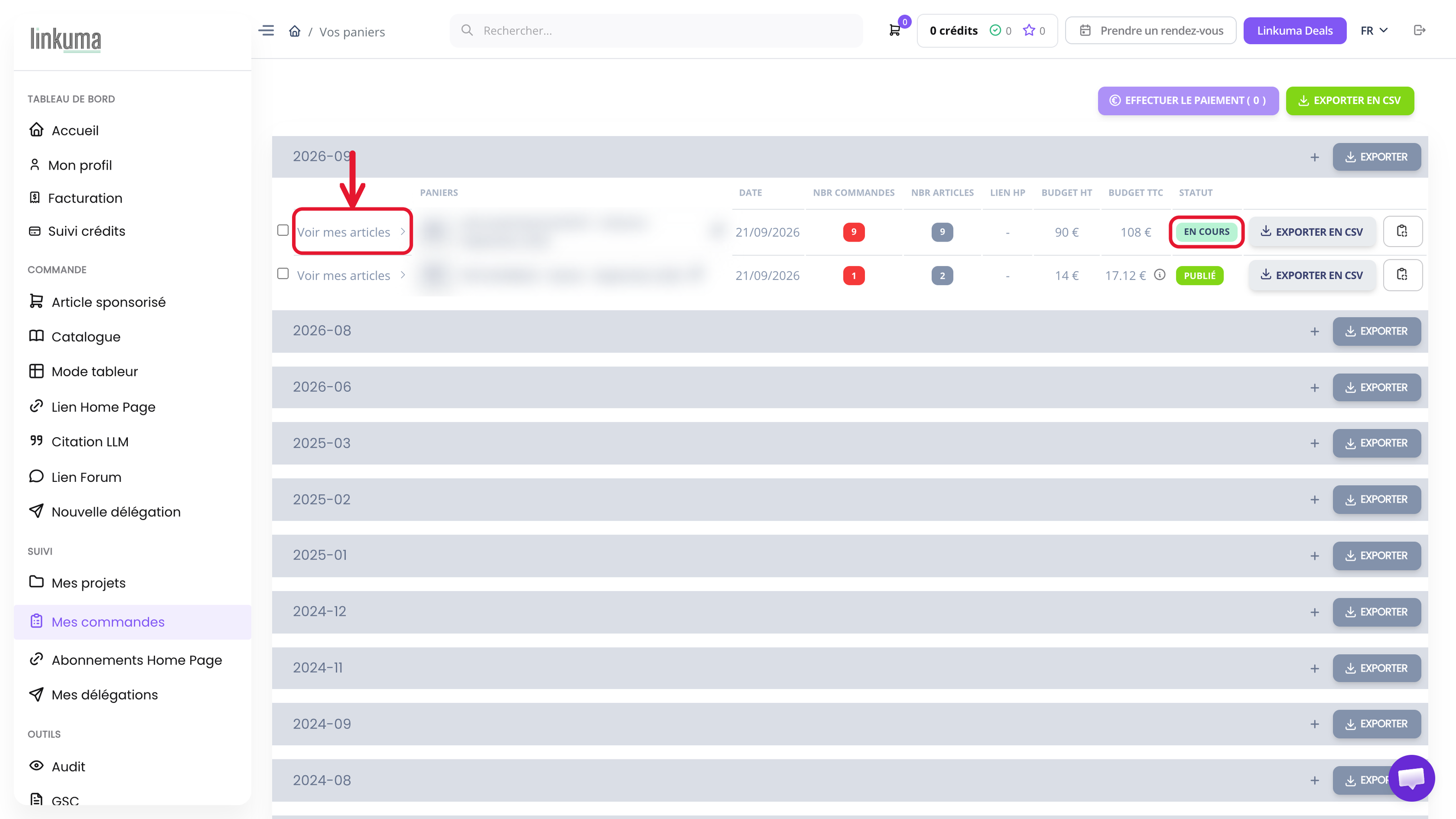 Comment utiliser Linkuma : page Mes commandes, paniers regroupés par mois avec statut