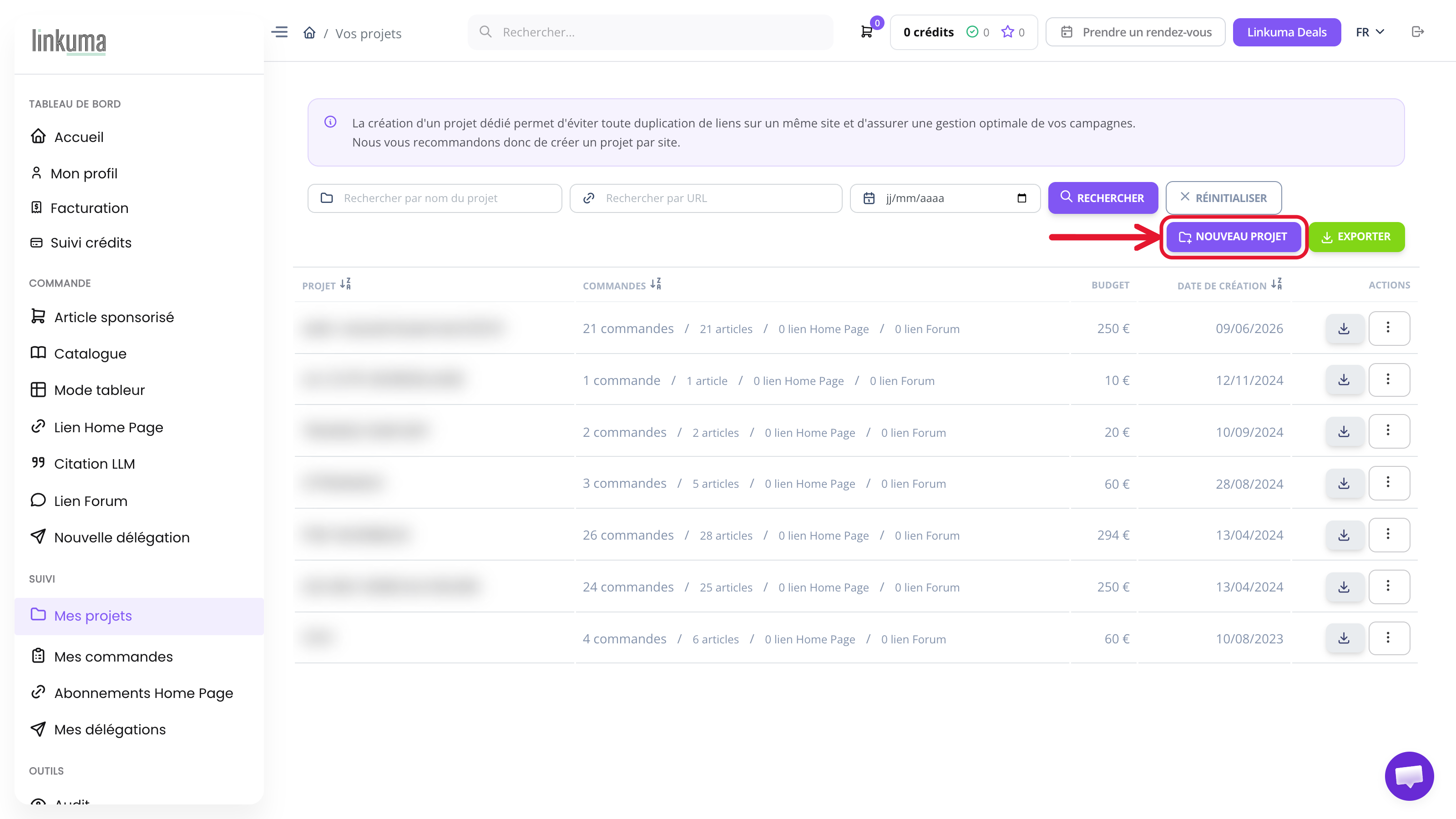 Comment utiliser Linkuma : liste Mes projets, un projet par site avec commandes et budget