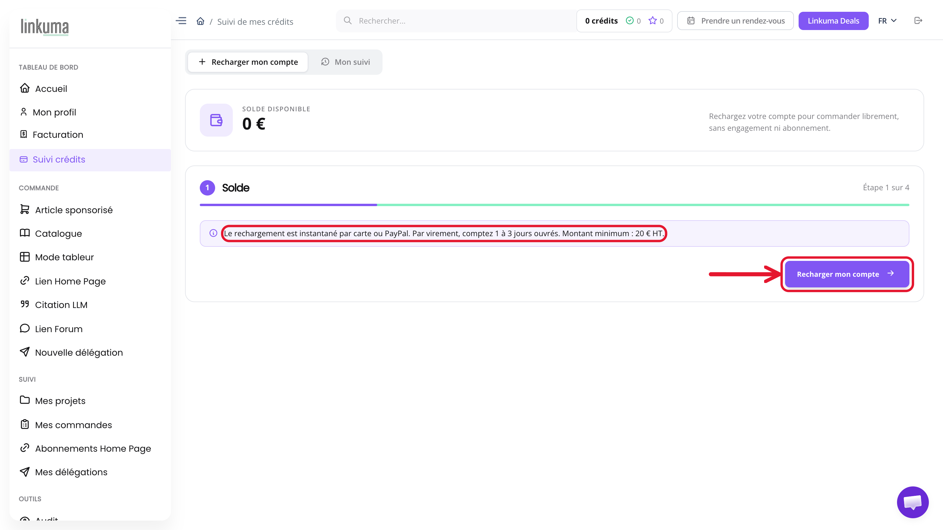 Comment utiliser Linkuma : page Suivi crédits avec le solde et le rechargement à partir de 20 € HT