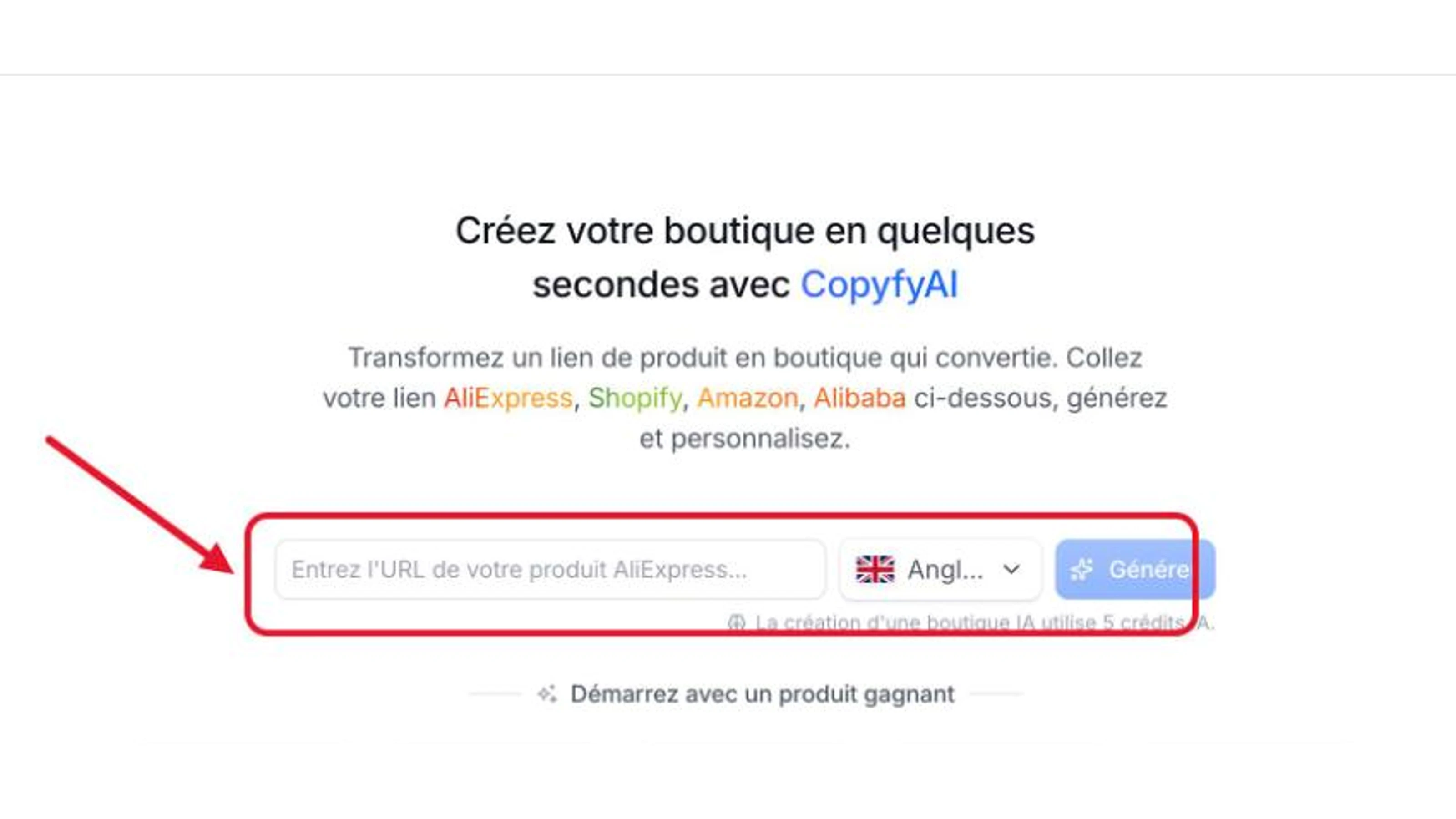 Copyfy avis : AI Store, création de boutique à partir d’un lien produit pour 5 crédits IA