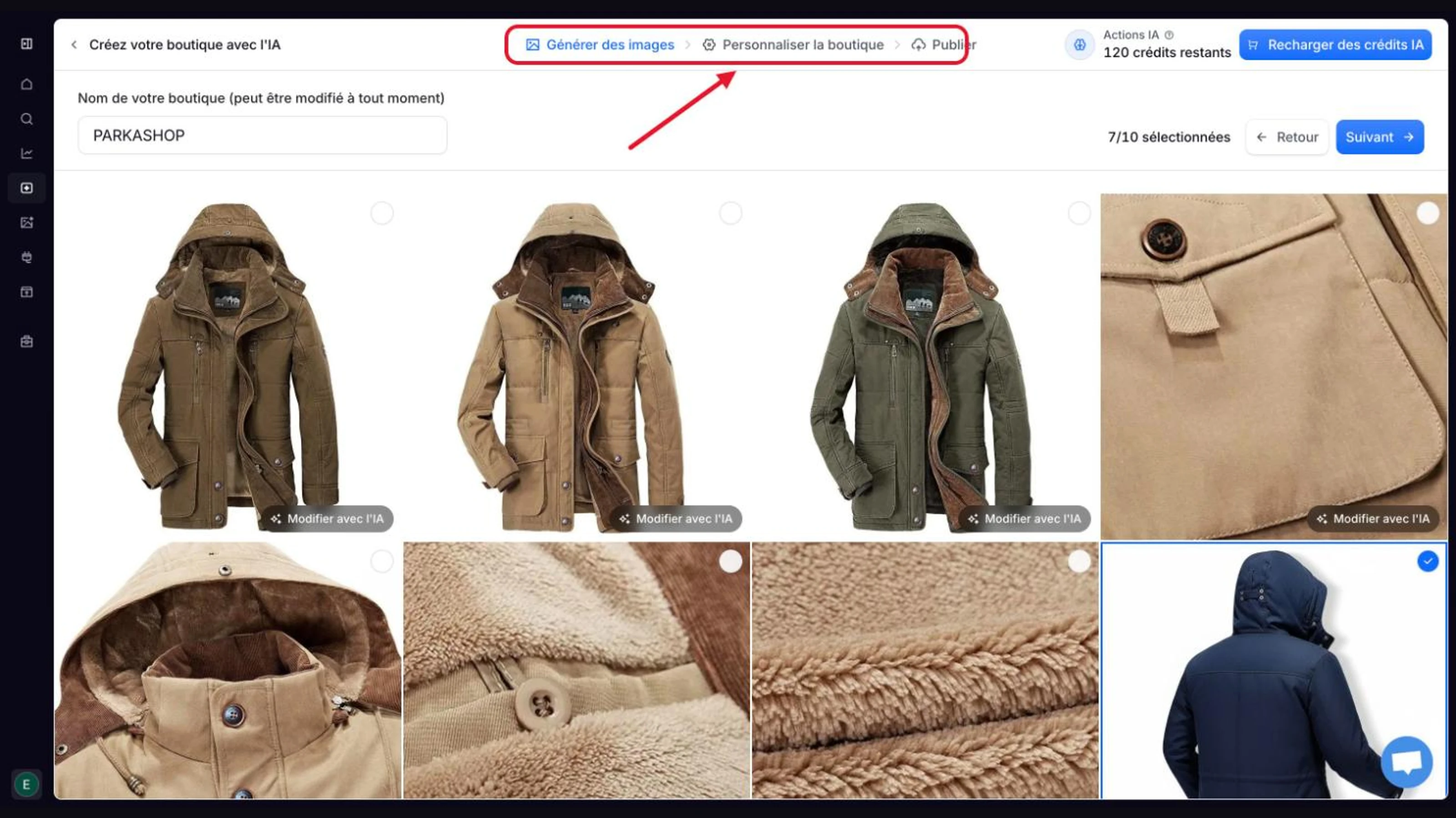 Copyfy avis : les trois étapes d’AI Store et la sélection des visuels d’une parka, retouchables par IA