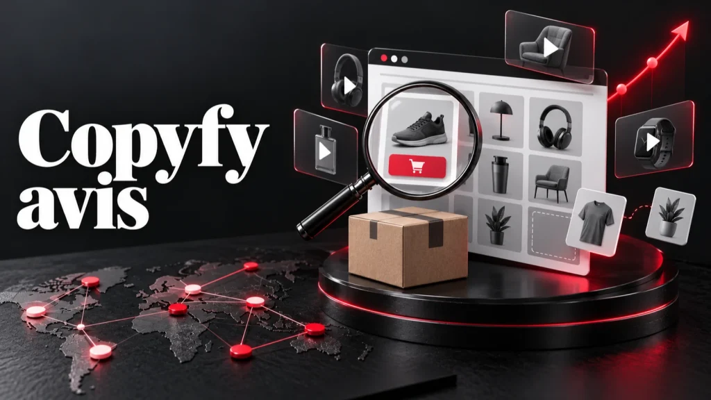 Copyfy avis : vitrine de boutique en ligne, loupe sur une fiche produit et courbe de ventes