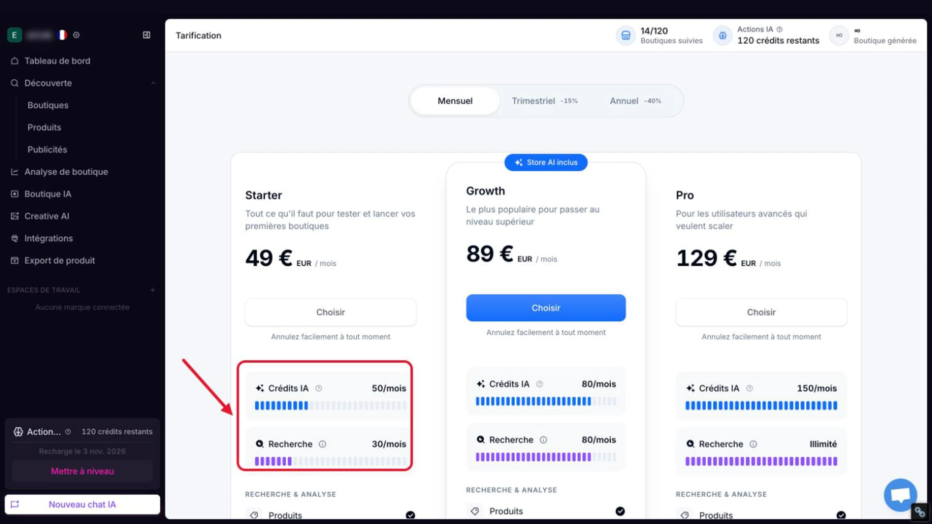Copyfy avis : tarifs 2026 et quotas du plan Starter, 50 crédits IA et 30 recherches par mois