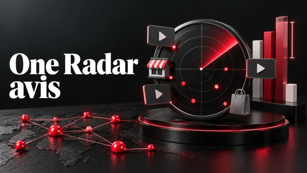 One Radar avis : radar sur piédestal noir avec pubs vidéo, boutique et barres de ventes