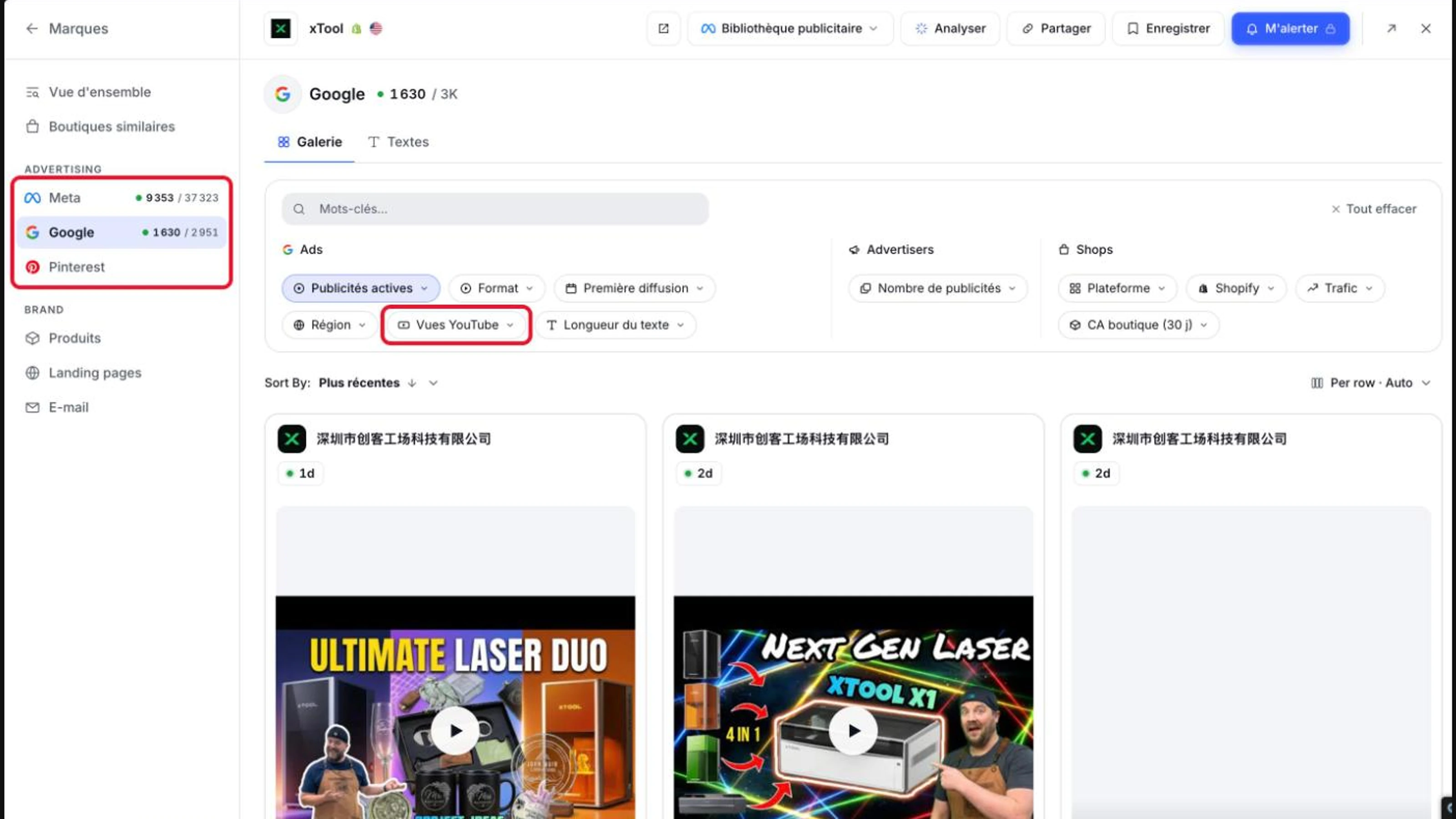 One Radar avis : pubs Google et YouTube de xTool, avec les onglets Meta et Pinterest