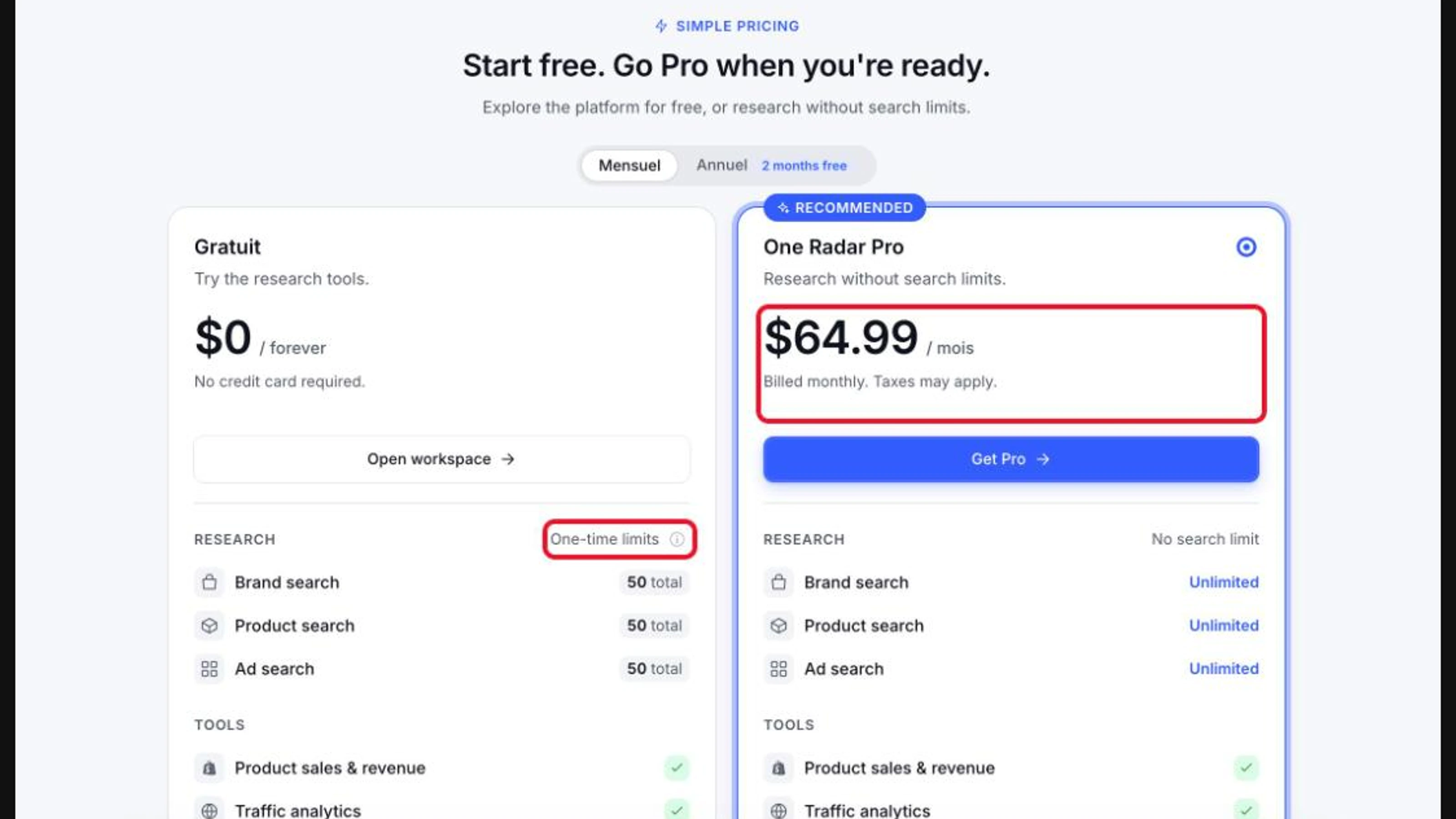 One Radar avis : grille tarifaire, plan gratuit et plan Pro à 64,99 $