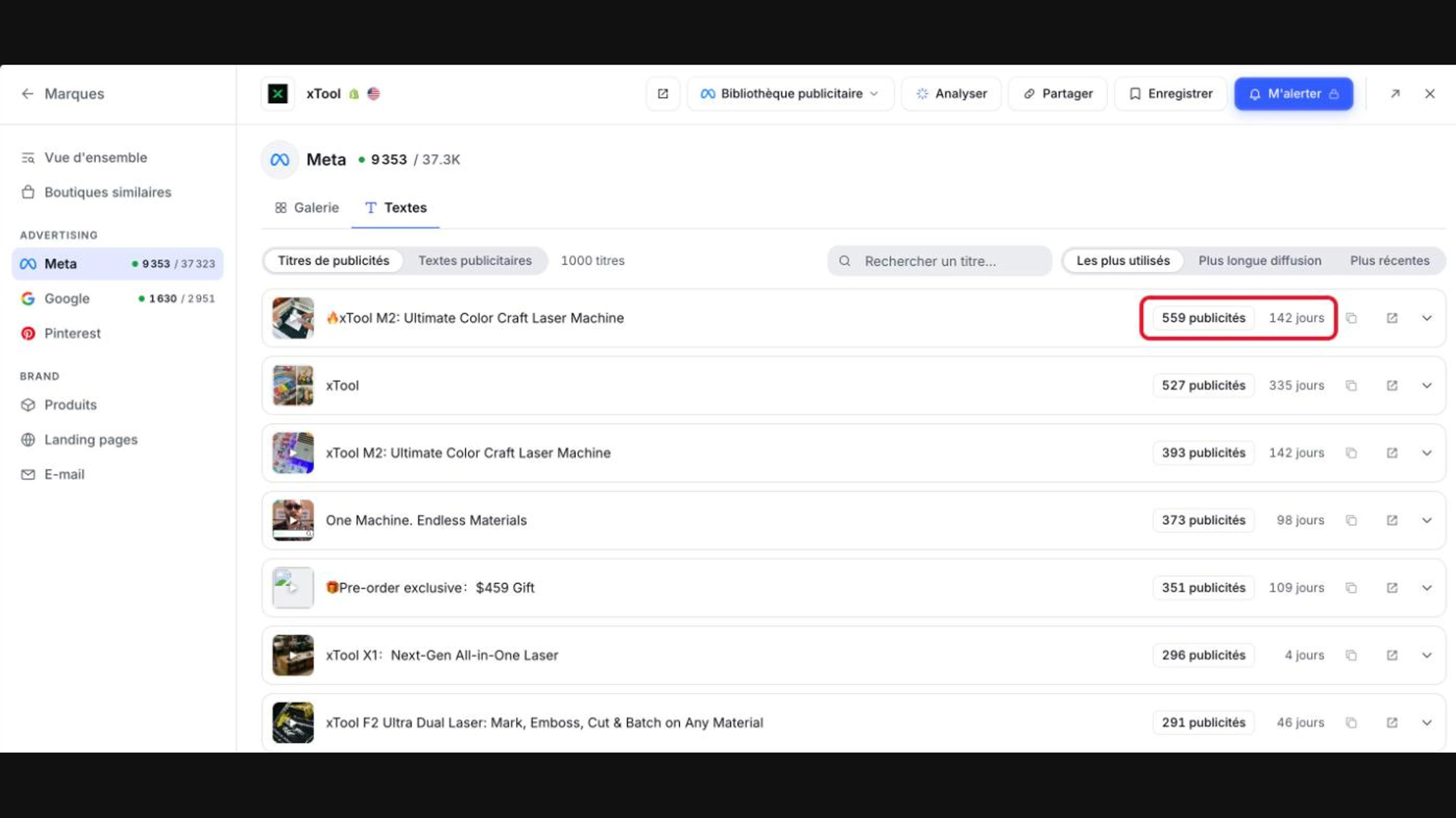 One Radar avis : titres de pubs Meta de xTool classés par nombre de pubs et jours de diffusion