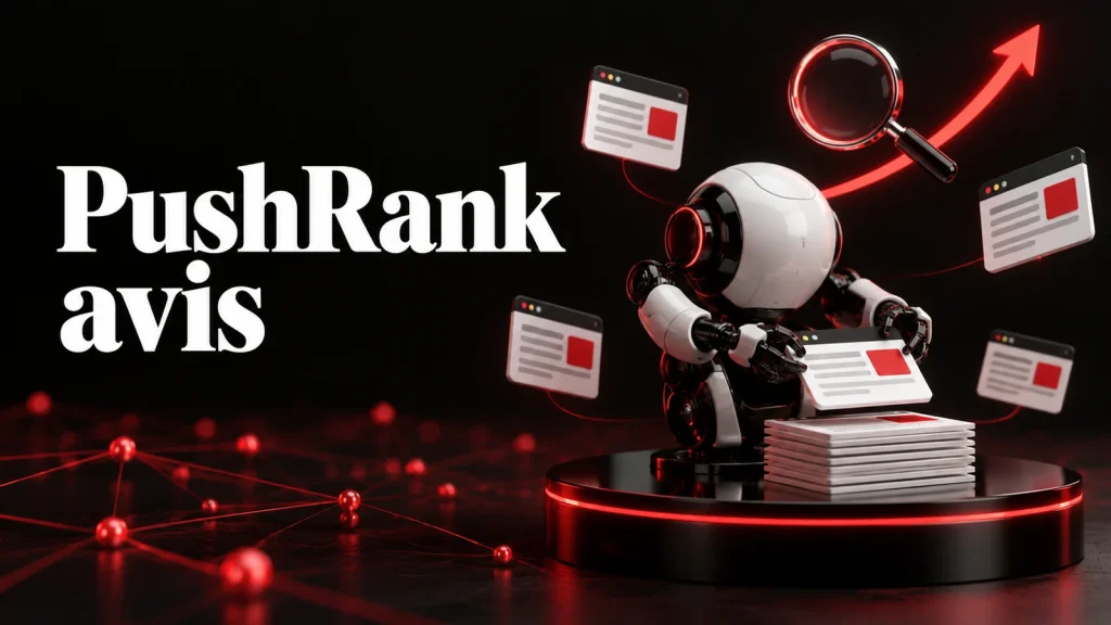 PushRank avis : agent IA qui pose des pages web sur une pile, courbe de positions en hausse