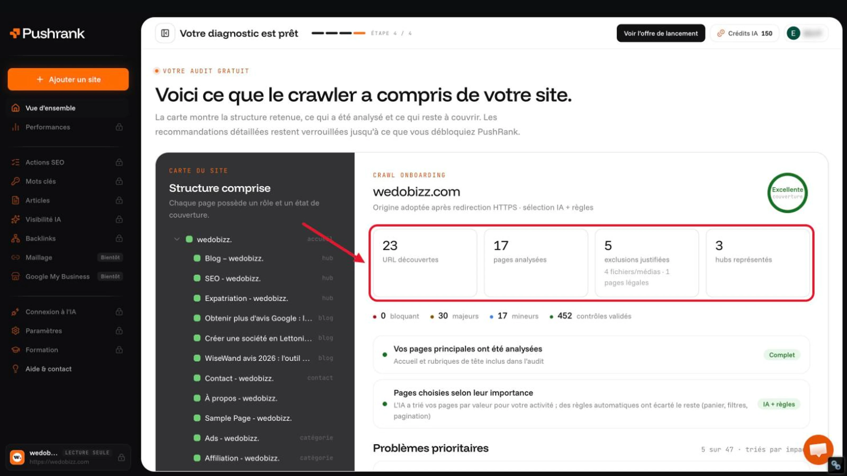 PushRank avis : diagnostic gratuit avec les URL découvertes, les pages analysées et les hubs