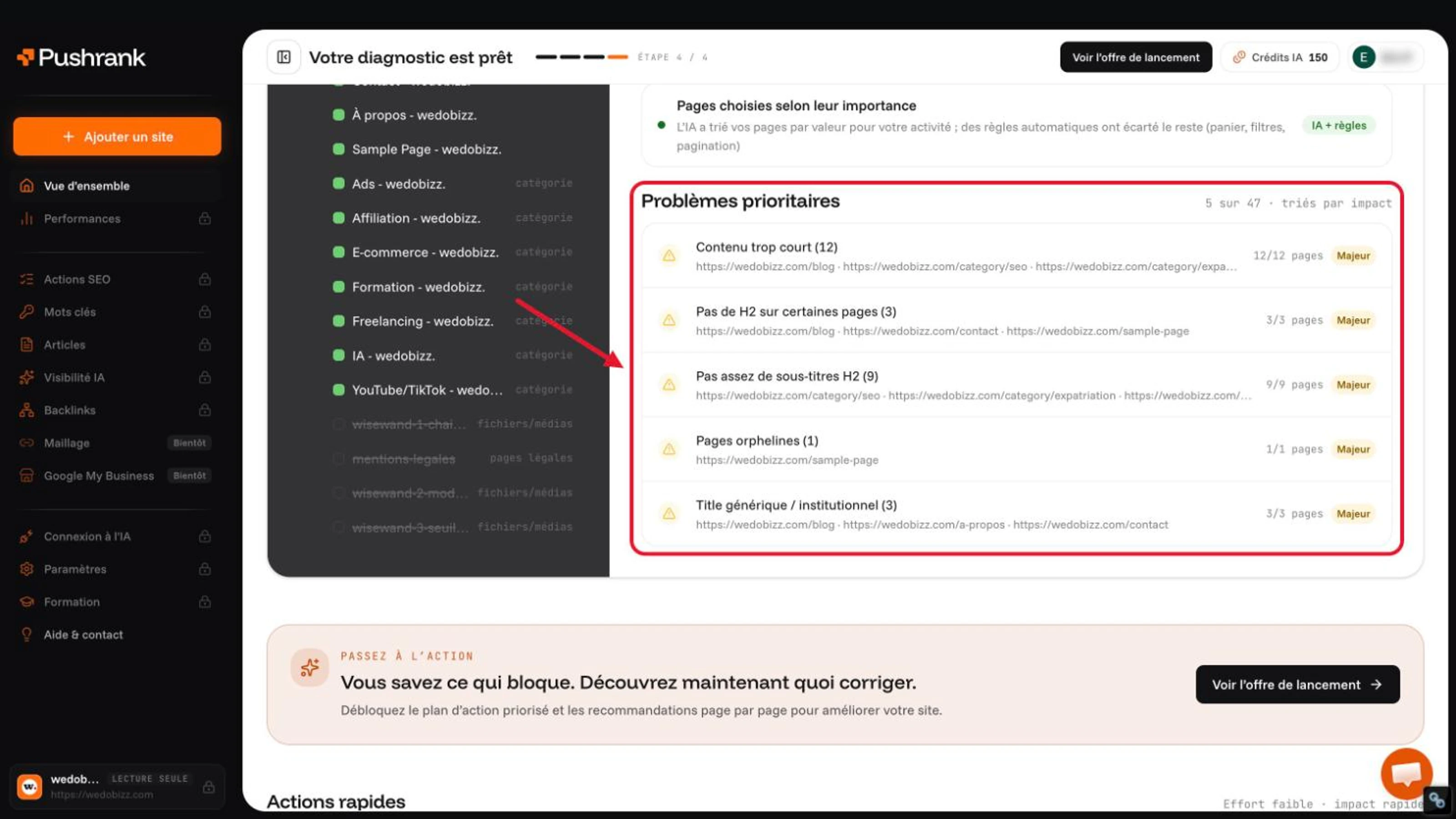PushRank avis : problèmes prioritaires détectés par l’audit, triés par impact