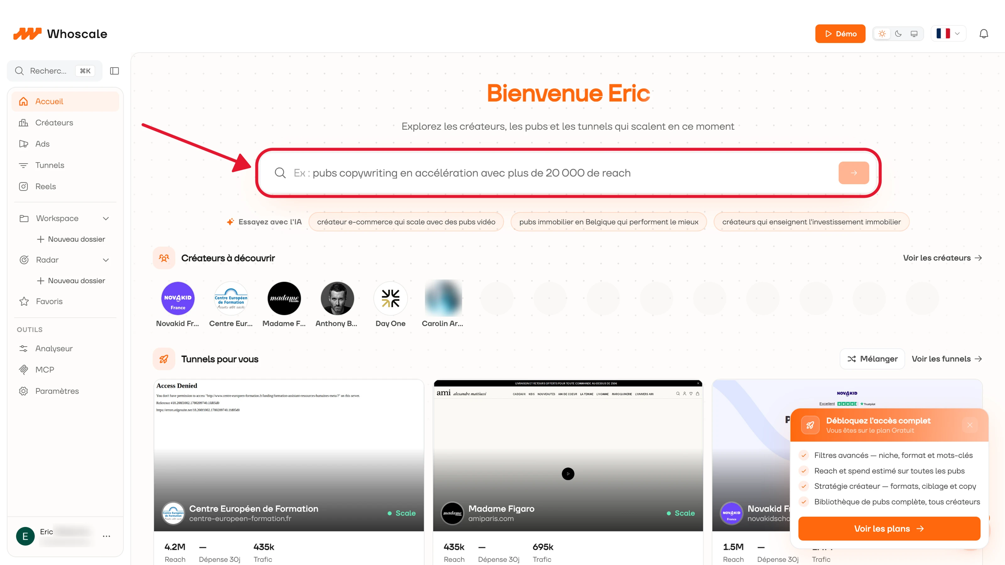 Whoscale avis : accueil de l’app avec la recherche en langage naturel, les créateurs et les tunnels