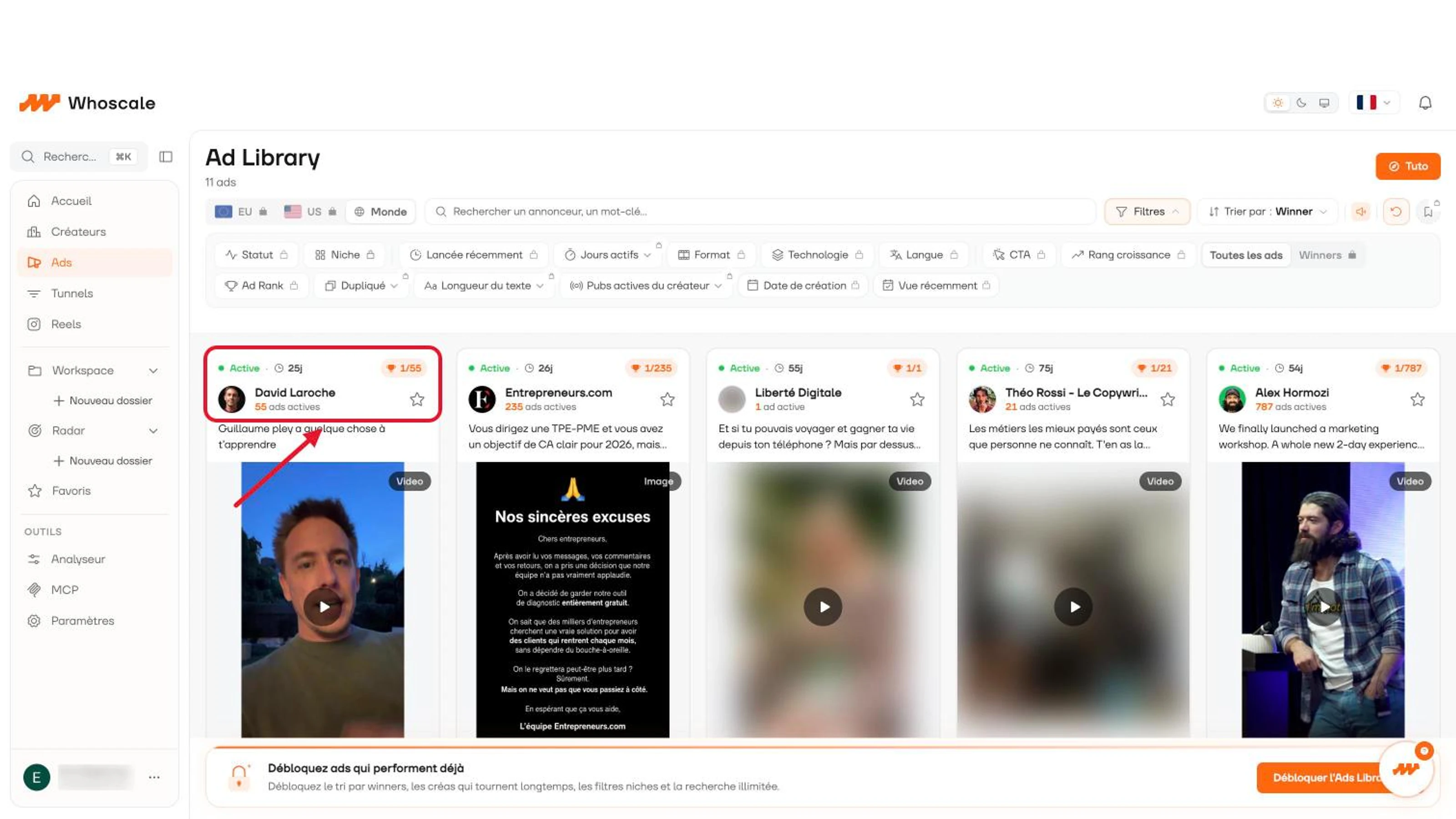 Whoscale avis : Ad Library avec statut, jours de diffusion et ads actives de chaque annonceur
